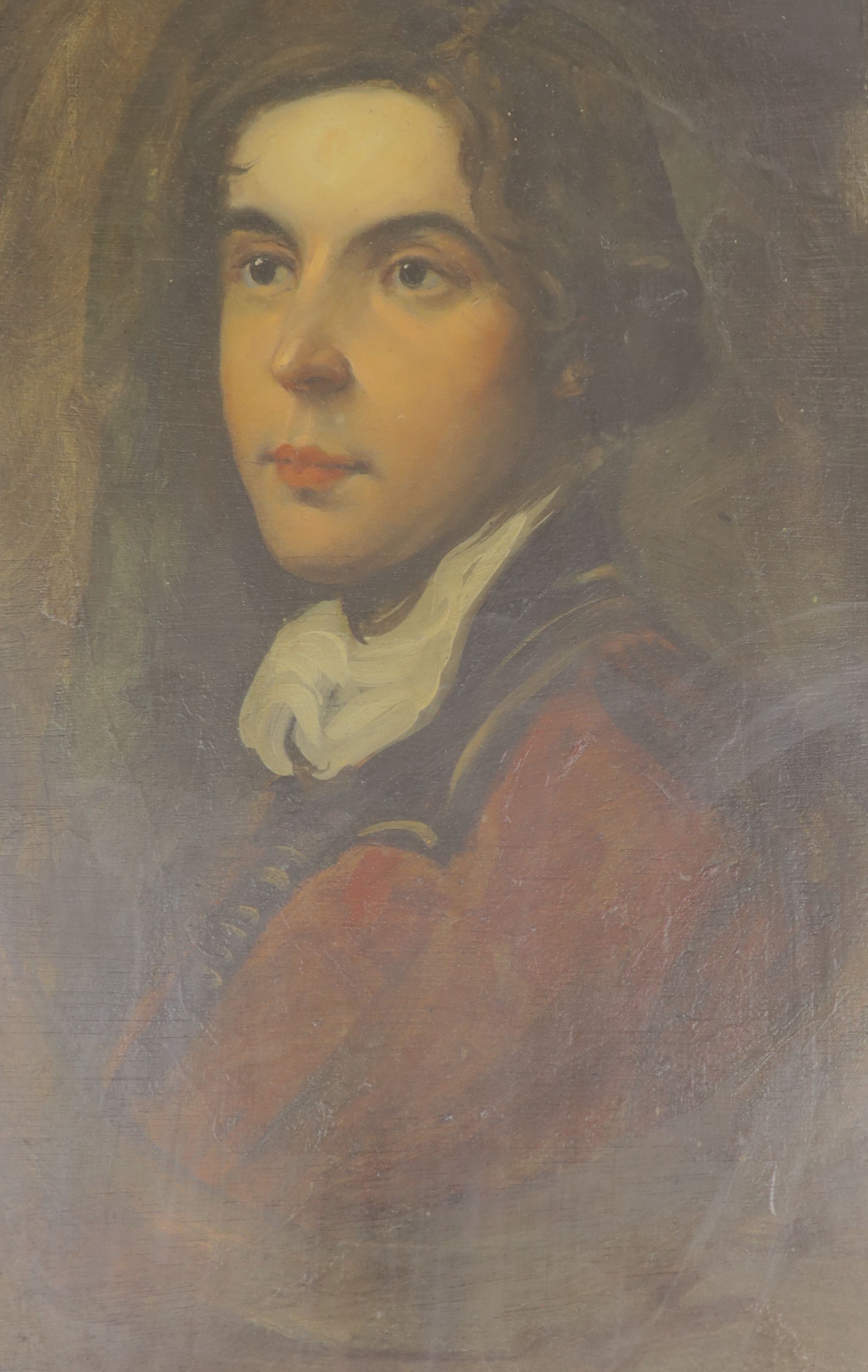 English School c.1910, oil on board, Portrait of an 18th century young man, 56 x 36cm